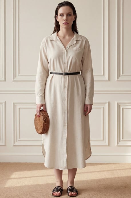 Linen Blend Midi Dress with Button Closure and Pocket - Image 5