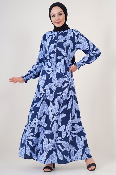 Bladprint Lange Mouwen Gelaagde Maxi Jurk - Image 1