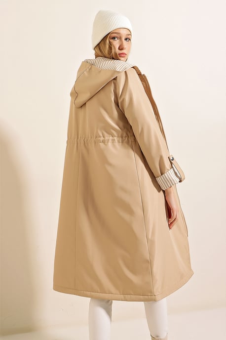 Gestrikte Lange Trenchcoat met Capuchon en Touwsluiting in de Taille - Image 6