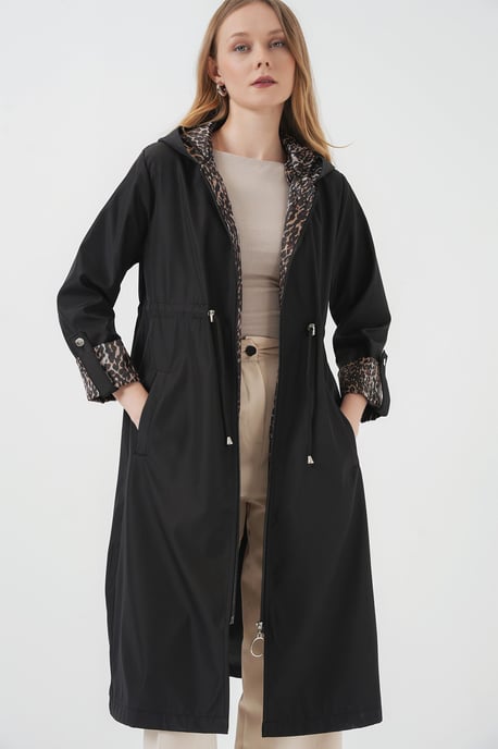 Hooded randig lång trenchcoat med dragsko i midjan - Image 3