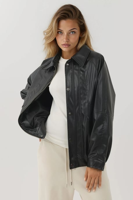 Oversized fusk läderjacka med fickor - Image 3