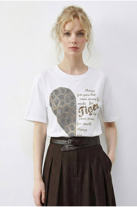 Rundhalsad T-shirt med paljettryck och text - Image 2