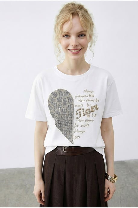 Rundhalsad T-shirt med paljettryck och text - Image 3