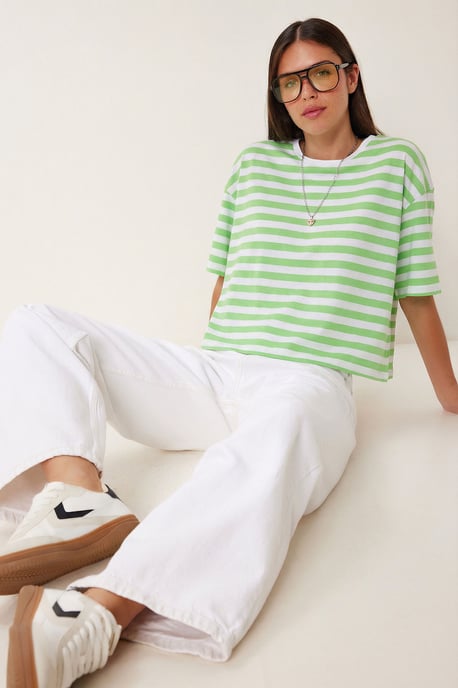 Oversized Gestreepte Crew Neck Crop T-Shirt - Image 1