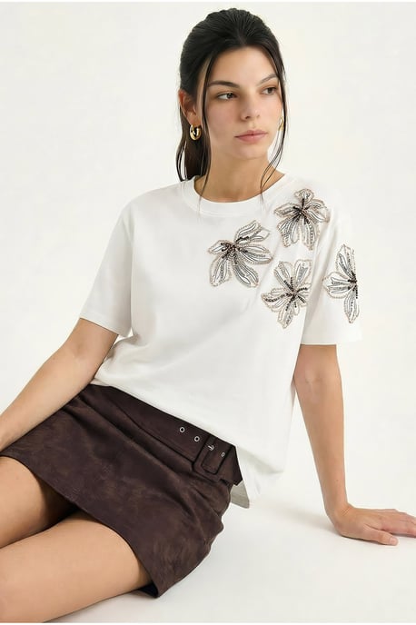 Bloemen Geborduurd T-shirt met Ronde Hals - Image 3