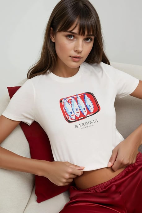 Geprinte Regular Fit Crew Neck 100% Katoenen Cropped T-shirt - Image 1