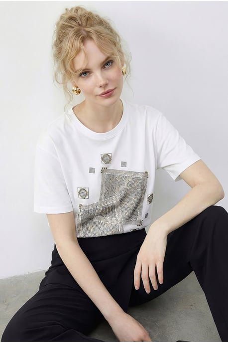 Ronde Hals Geometrische Paillette Geprinte T-Shirt - Image 3