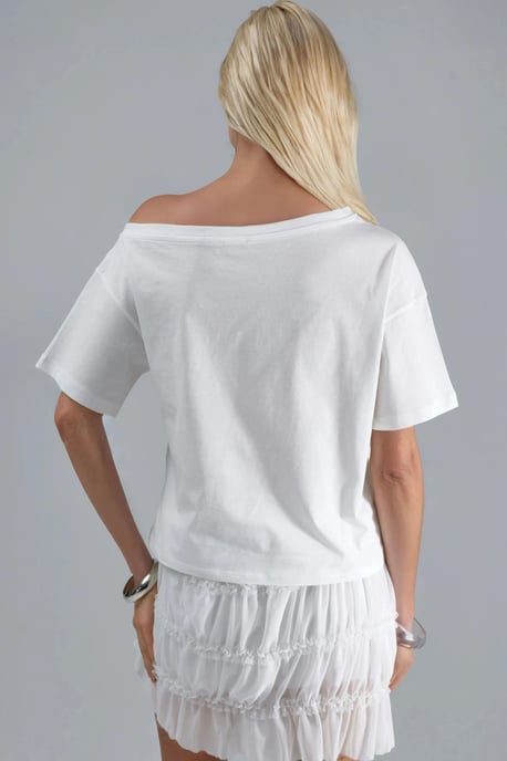 Tryckt Båtkrage T-shirt med En Axeln - Image 3