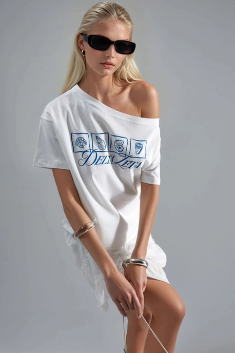 Tryckt Båtkrage T-shirt med En Axeln - Image 6