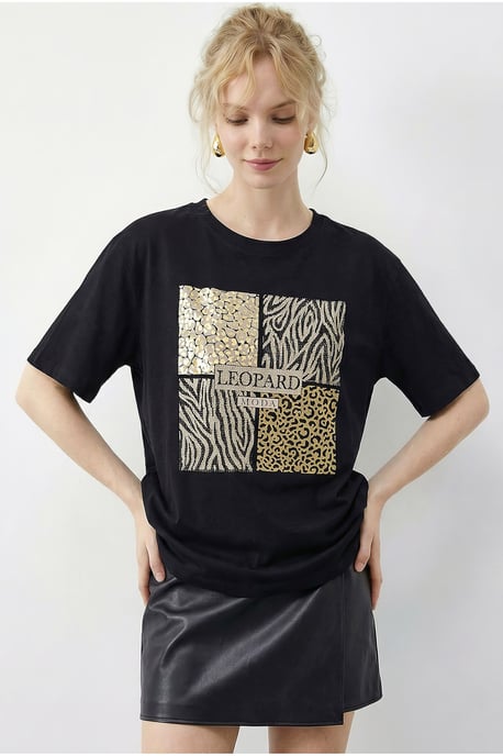 Leopardprint Pailletten Crew Neck T-Shirt - Image 3