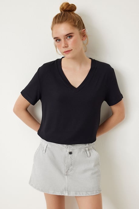 V-hals Korte Mouw Effen T-shirt - Image 2