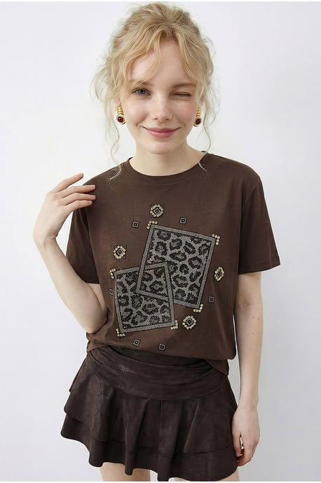 Crew Neck Geometrisch Pailletten Bedrukt T-Shirt - Image 4