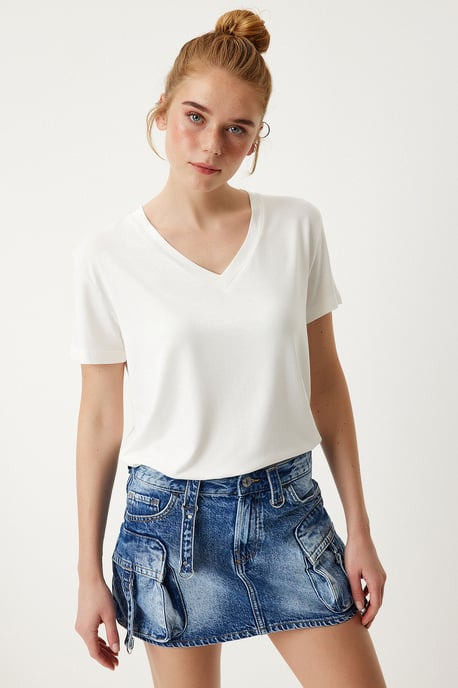 V-hals Korte Mouwen Effen T-shirt - Image 1