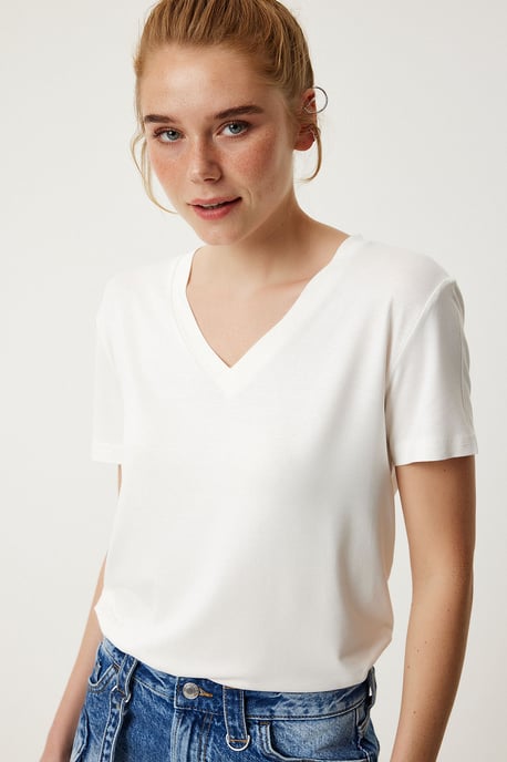 V-hals Korte Mouwen Effen T-shirt - Image 2