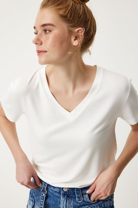 V-hals Korte Mouwen Effen T-shirt - Image 3