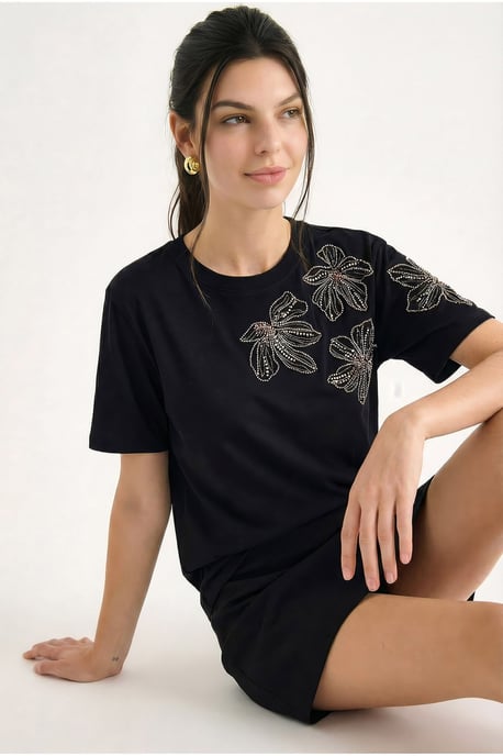 Bloemig Geborduurd Crew Neck T-Shirt - Image 2