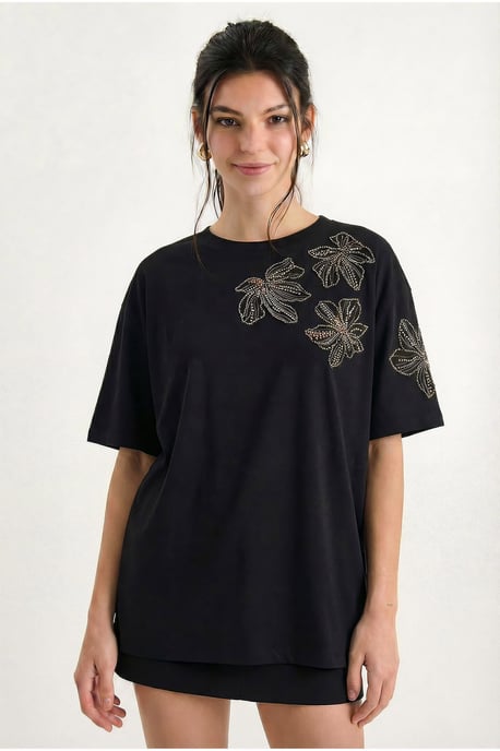 Bloemig Geborduurd Crew Neck T-Shirt - Image 3