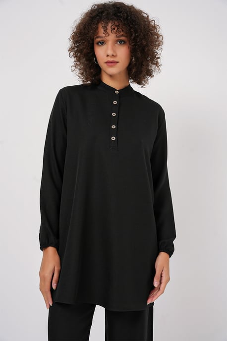 Gestructureerde Linnenmix Langsleevetunika en Wijde Pantalon Set - Image 2