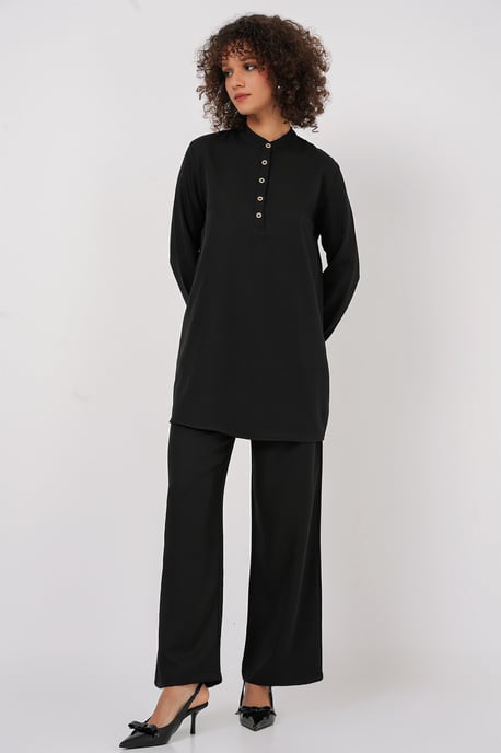 Gestructureerde Linnenmix Langsleevetunika en Wijde Pantalon Set - Image 3