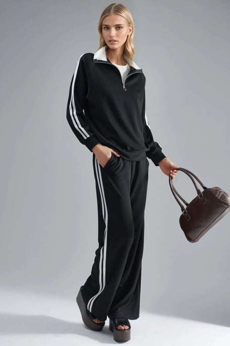 Modal Touch Wide Leg Striped Two-Piece Coord Set with Zipper Collar - Image 2