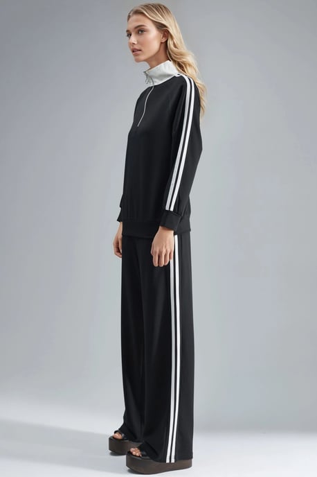 Modal Touch Wide Leg Striped Two-Piece Coord Set with Zipper Collar - Image 3