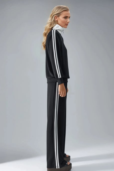 Modal Touch Wide Leg Striped Two-Piece Coord Set with Zipper Collar - Image 5
