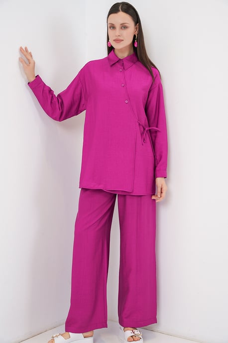 Tie Detail Shirt Collar Tunic-Pants Set - Image 1
