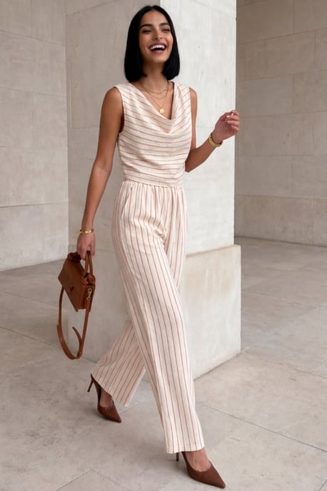High Waist Striped Cowl Neck Two-Piece Set - Image 1
