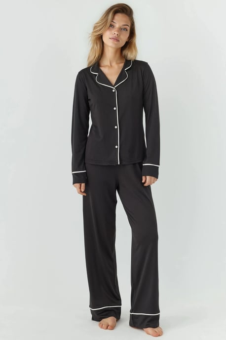 Relaxed Fit Long Sleeve Extra Soft Touch Pajama Set with Shirt Collar - Image 1