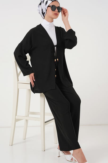 Textuur V-Hals Lange Cardigan en Broek Set - Image 3