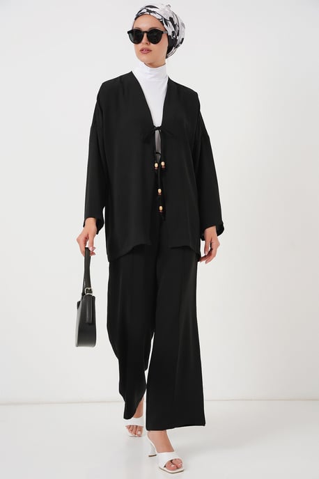 Textuur V-Hals Lange Cardigan en Broek Set - Image 4