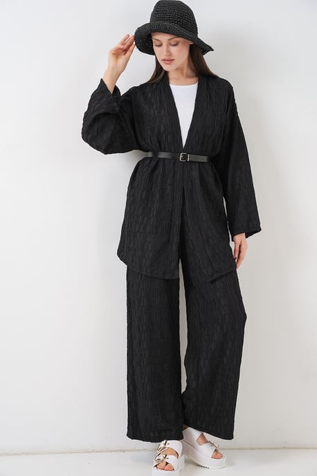 Textured Shawl Collar Kimono Pants Set - Image 1