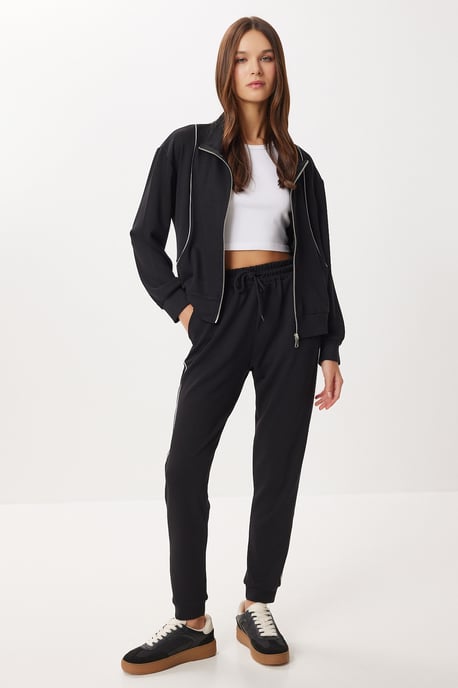 Contrasterende Binding Gedetailleerde Rits Sweatshirt & Jogger Tweedelige Set - Image 3