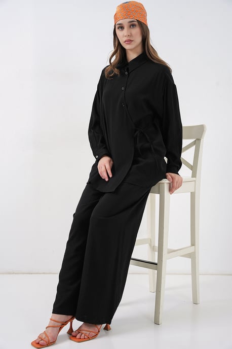 Knytdetalj Skjortkrage Tunika-byxdress - Image 2