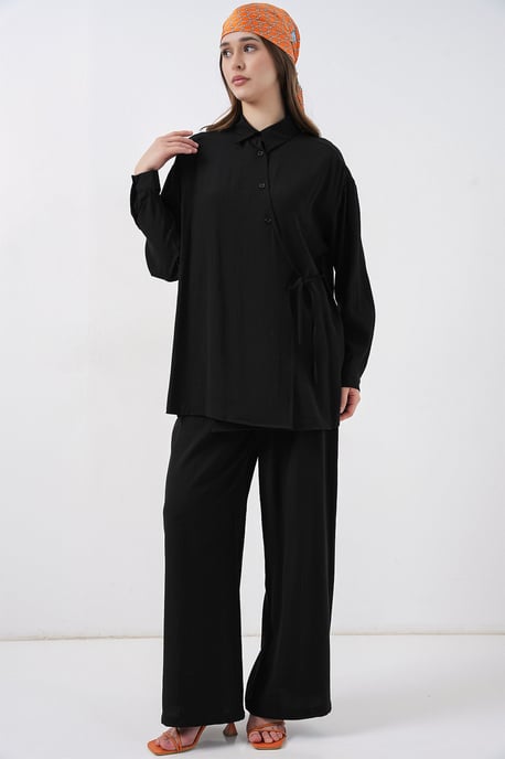 Knytdetalj Skjortkrage Tunika-byxdress - Image 3