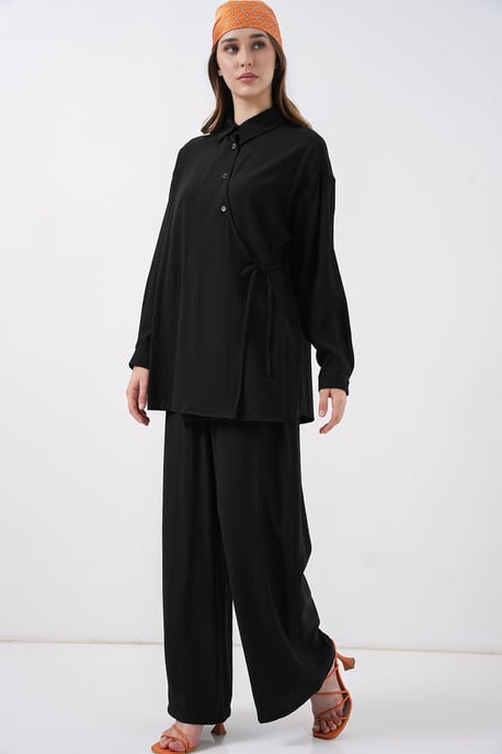 Knytdetalj Skjortkrage Tunika-byxdress - Image 4