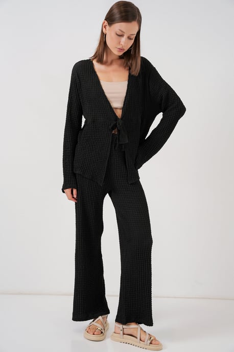Gestructureerde V-hals Langwerpige Top & Flared Broek Twee-delige Set - Image 1