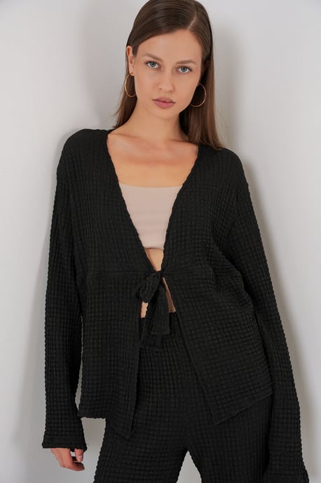Gestructureerde V-hals Langwerpige Top & Flared Broek Twee-delige Set - Image 2