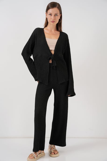 Gestructureerde V-hals Langwerpige Top & Flared Broek Twee-delige Set - Image 4