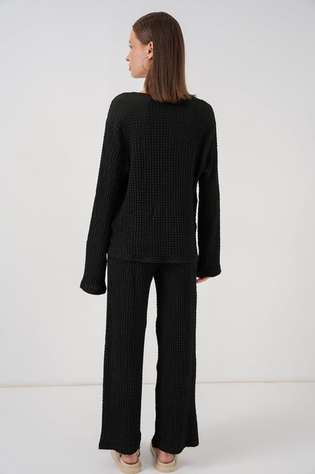 Gestructureerde V-hals Langwerpige Top & Flared Broek Twee-delige Set - Image 6