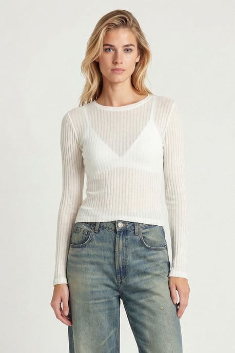 Geribde Crew Neck Lange Mouw Korte Top - Image 2