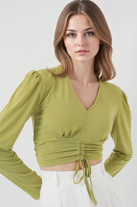 Textured V-Neck Crop Top with Ruffle Detail - Image 1