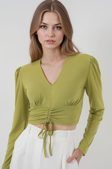 Textured V-Neck Crop Top with Ruffle Detail - Image 2