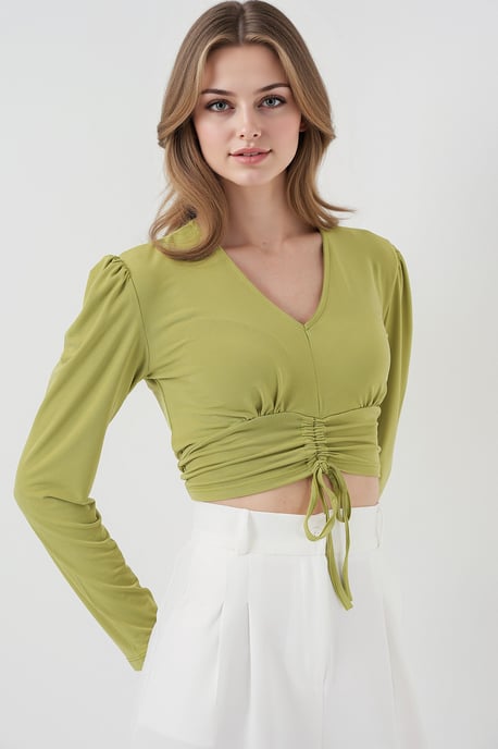 Textured V-Neck Crop Top with Ruffle Detail - Image 3