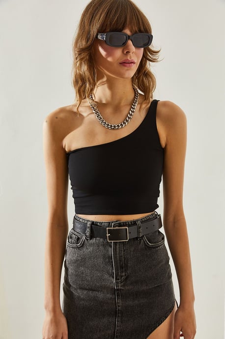 Asymmetrisk Krage Åtsittande Crop Top - Image 2