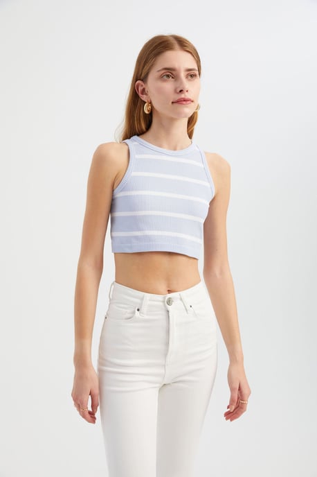 Striped Crew Neck Crop Top - Image 1