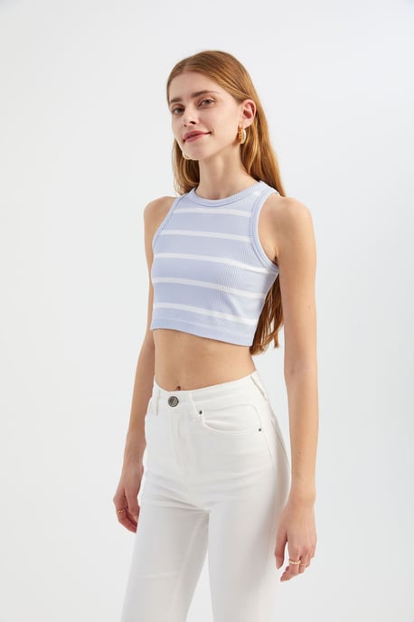 Striped Crew Neck Crop Top - Image 2