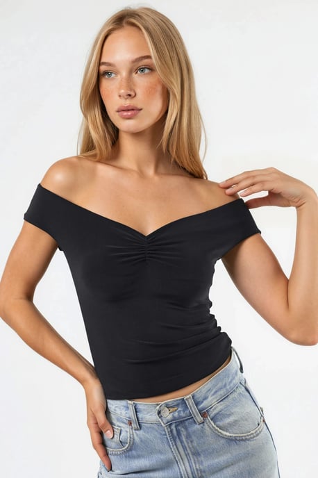 Off Shoulder Strakke Zandkleurige Crop Top - Image 1