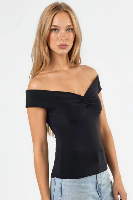 Off Shoulder Strakke Zandkleurige Crop Top - Image 2