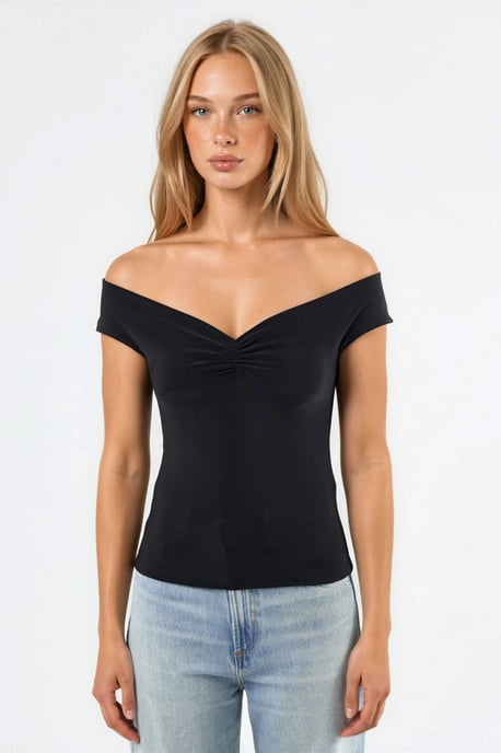 Off Shoulder Strakke Zandkleurige Crop Top - Image 6